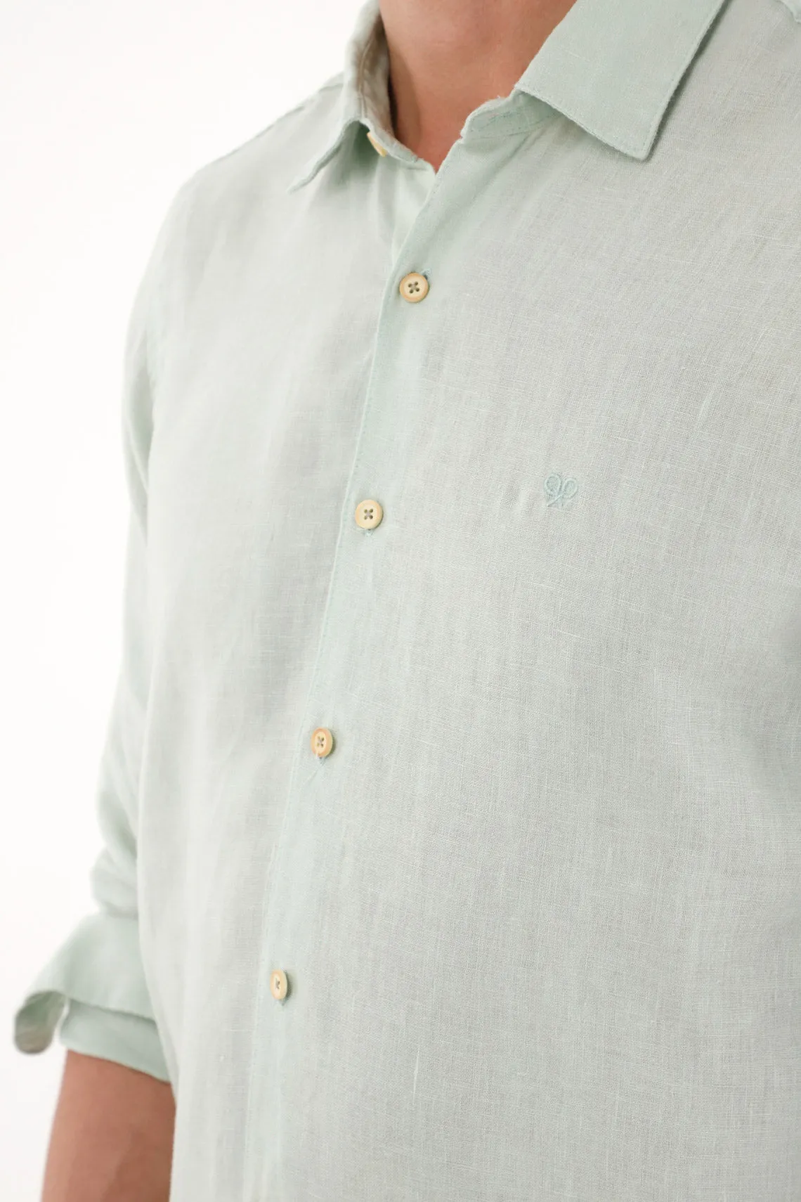 100% Linen Men's Shirt with Green Embroidery