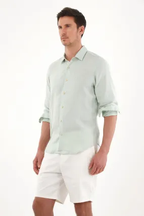 100% Linen Men's Shirt with Green Embroidery