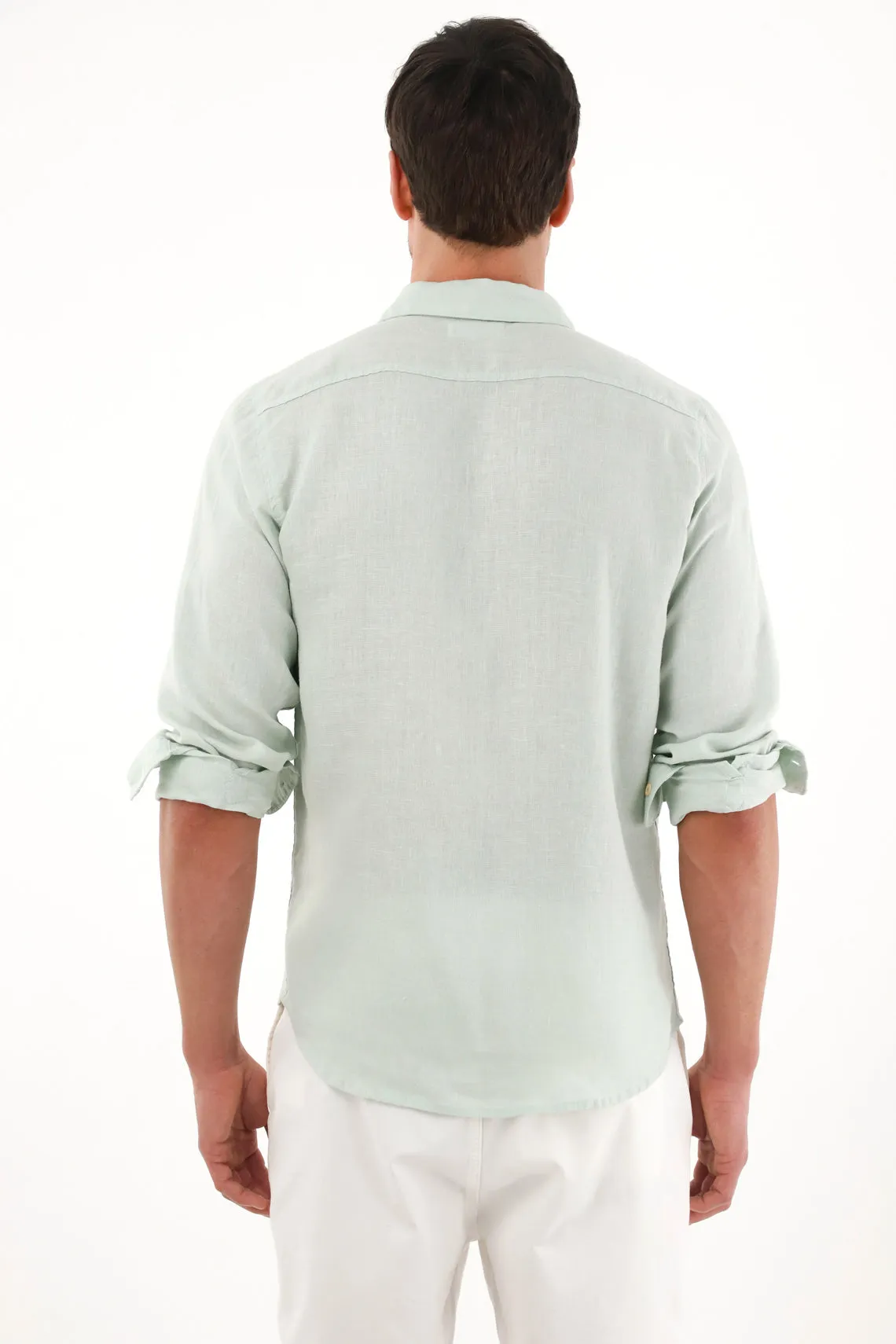 100% Linen Men's Shirt with Green Embroidery