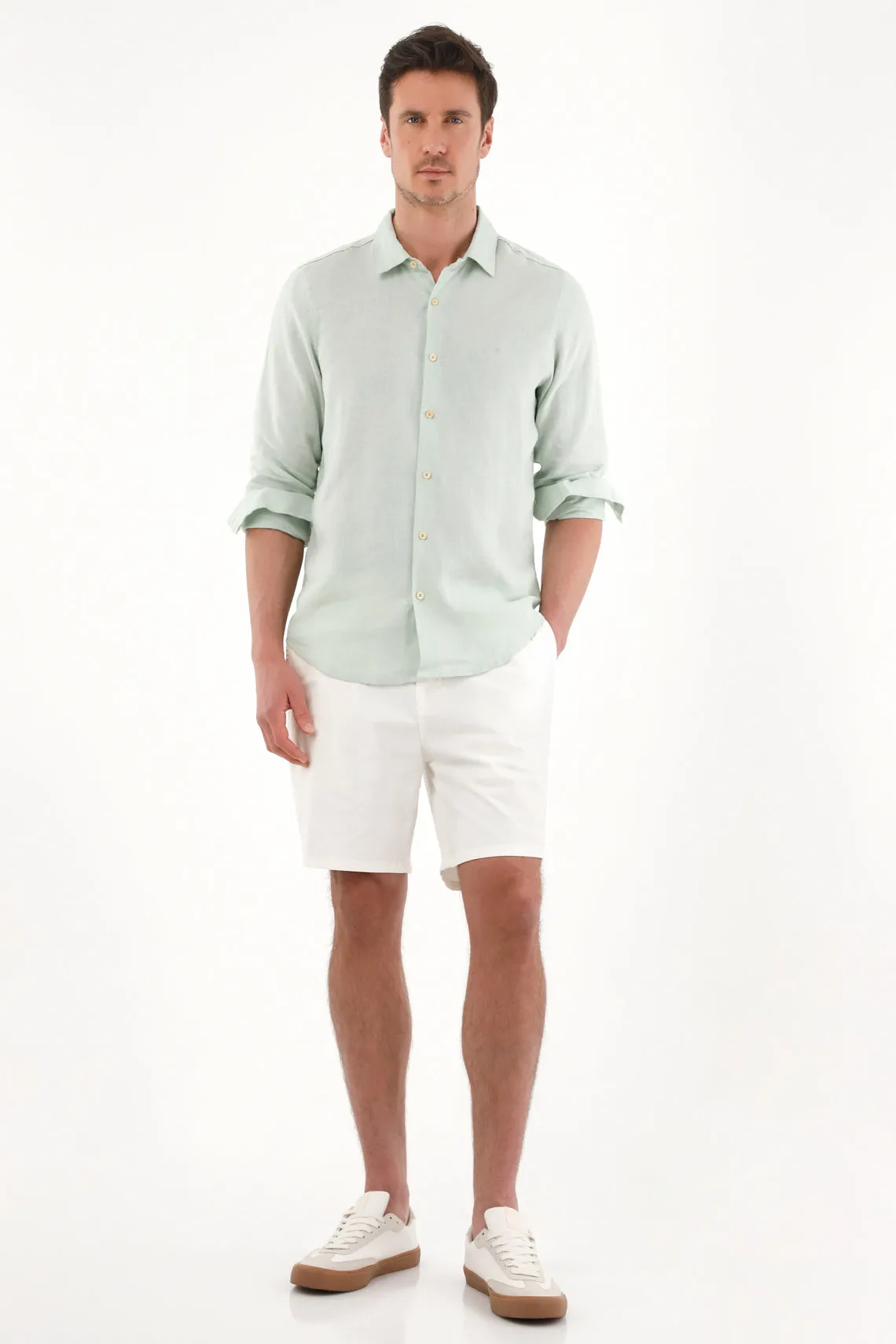 100% Linen Men's Shirt with Green Embroidery