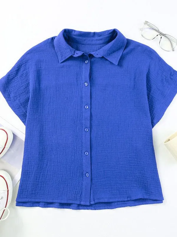 Blue Short Sleeve Collared Blouse