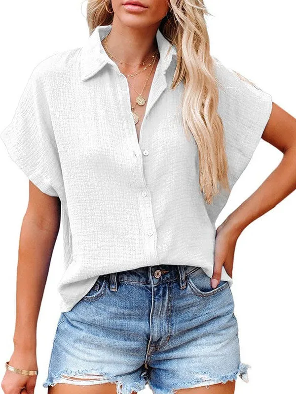Blue Short Sleeve Collared Blouse