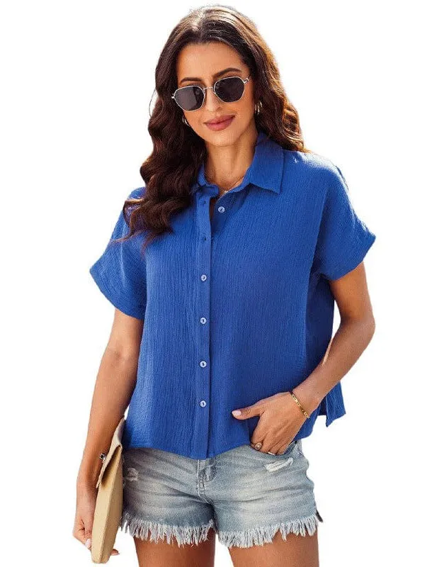 Blue Short Sleeve Collared Blouse