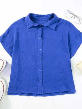 Blue Short Sleeve Collared Blouse