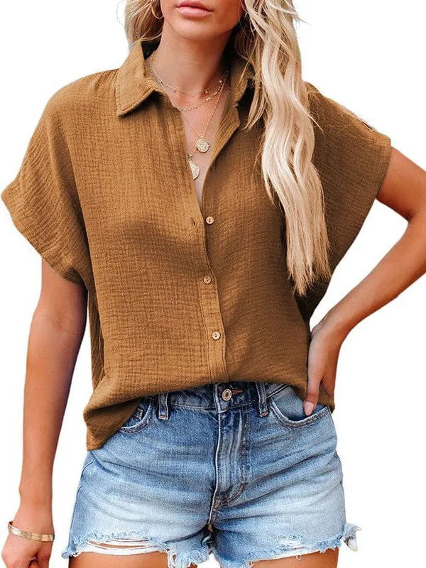 Blue Short Sleeve Collared Blouse