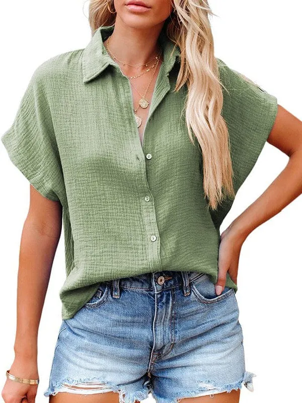 Blue Short Sleeve Collared Blouse