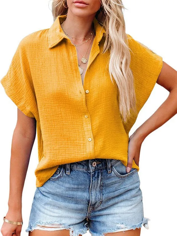 Blue Short Sleeve Collared Blouse