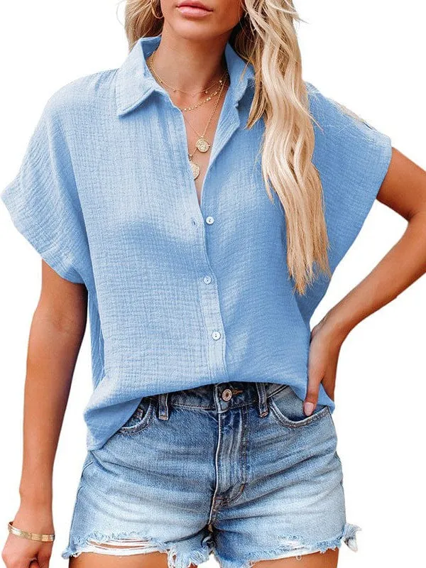 Blue Short Sleeve Collared Blouse