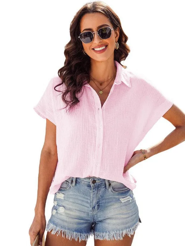 Blue Short Sleeve Collared Blouse