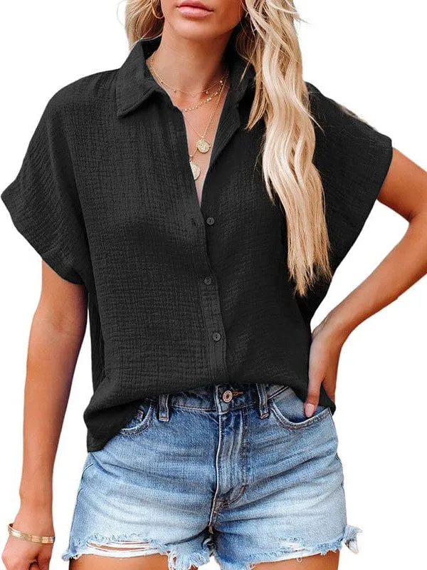 Blue Short Sleeve Collared Blouse