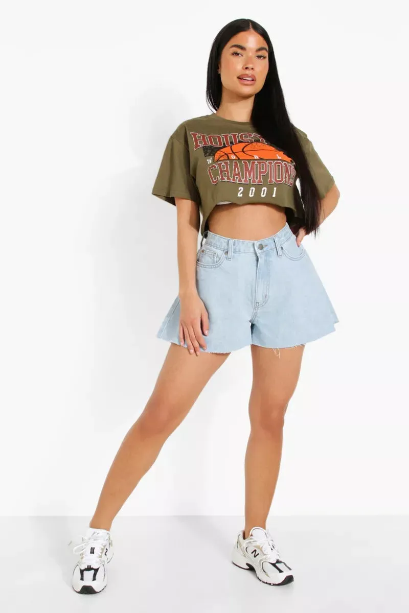 Boohoo Petite Khaki Houston Printed Crop Ladies T-Shirt