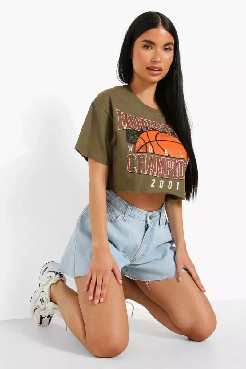 Boohoo Petite Khaki Houston Printed Crop Ladies T-Shirt