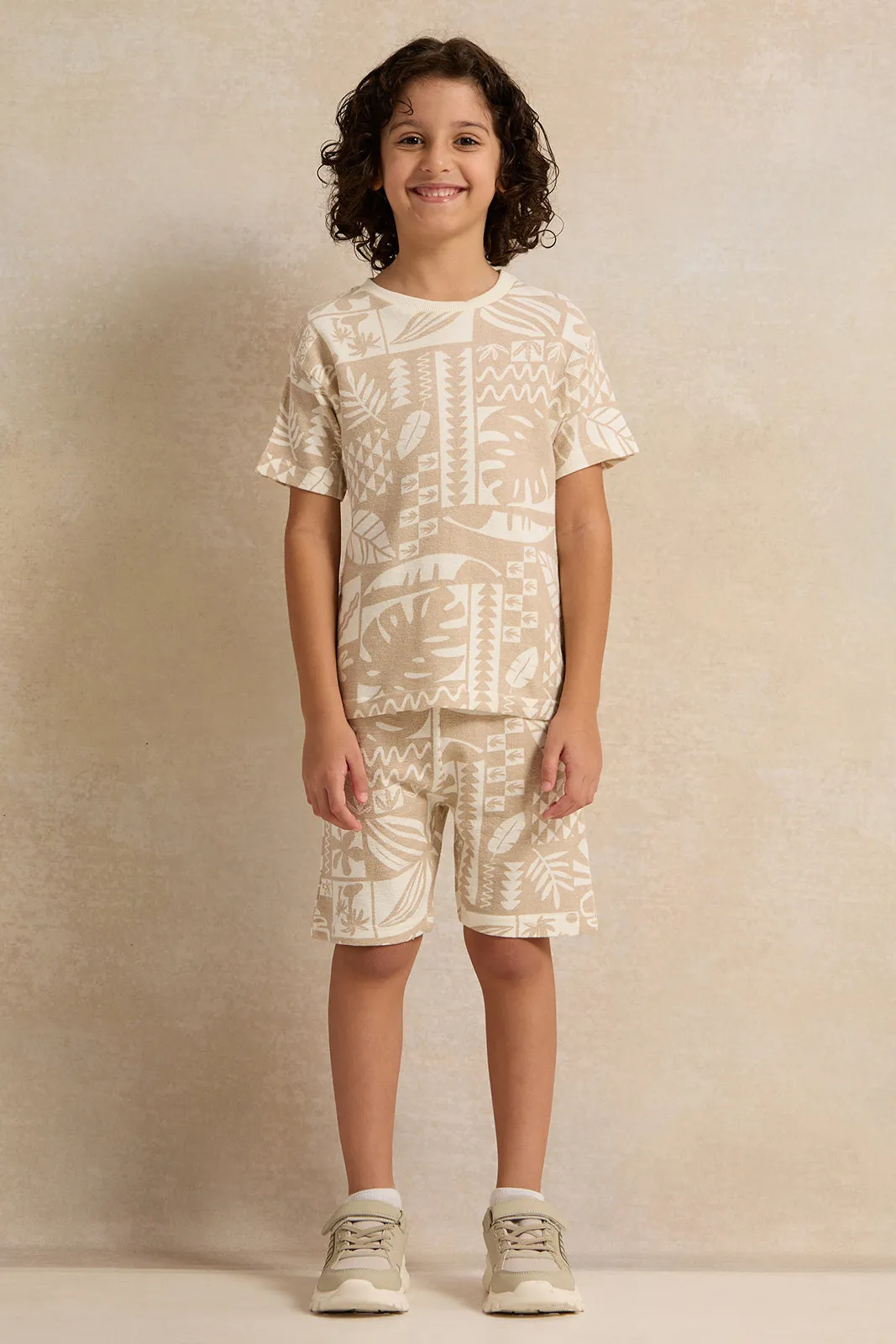 Boys Beige Shirt With Shorts Set (2 Piece)