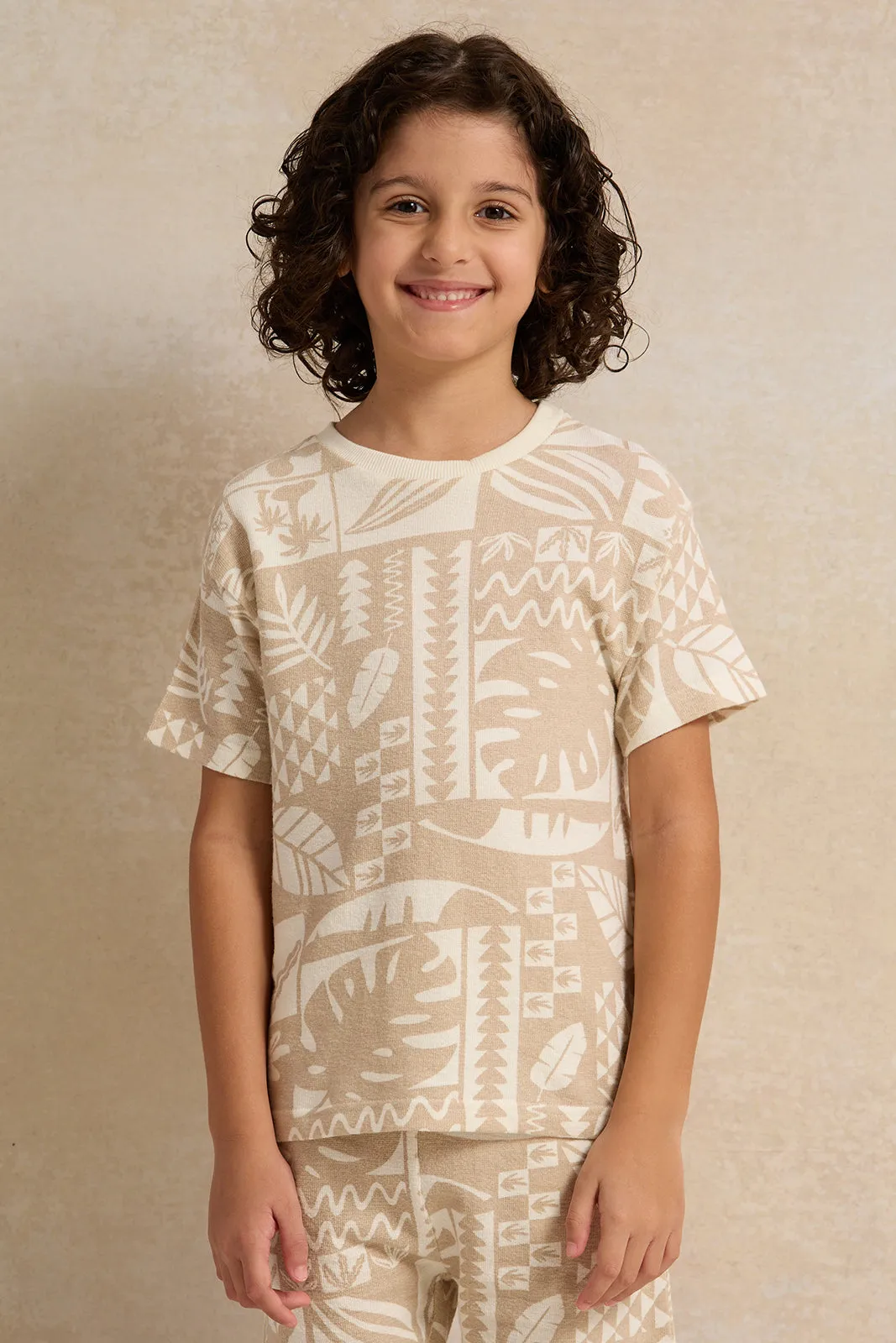 Boys Beige Shirt With Shorts Set (2 Piece)