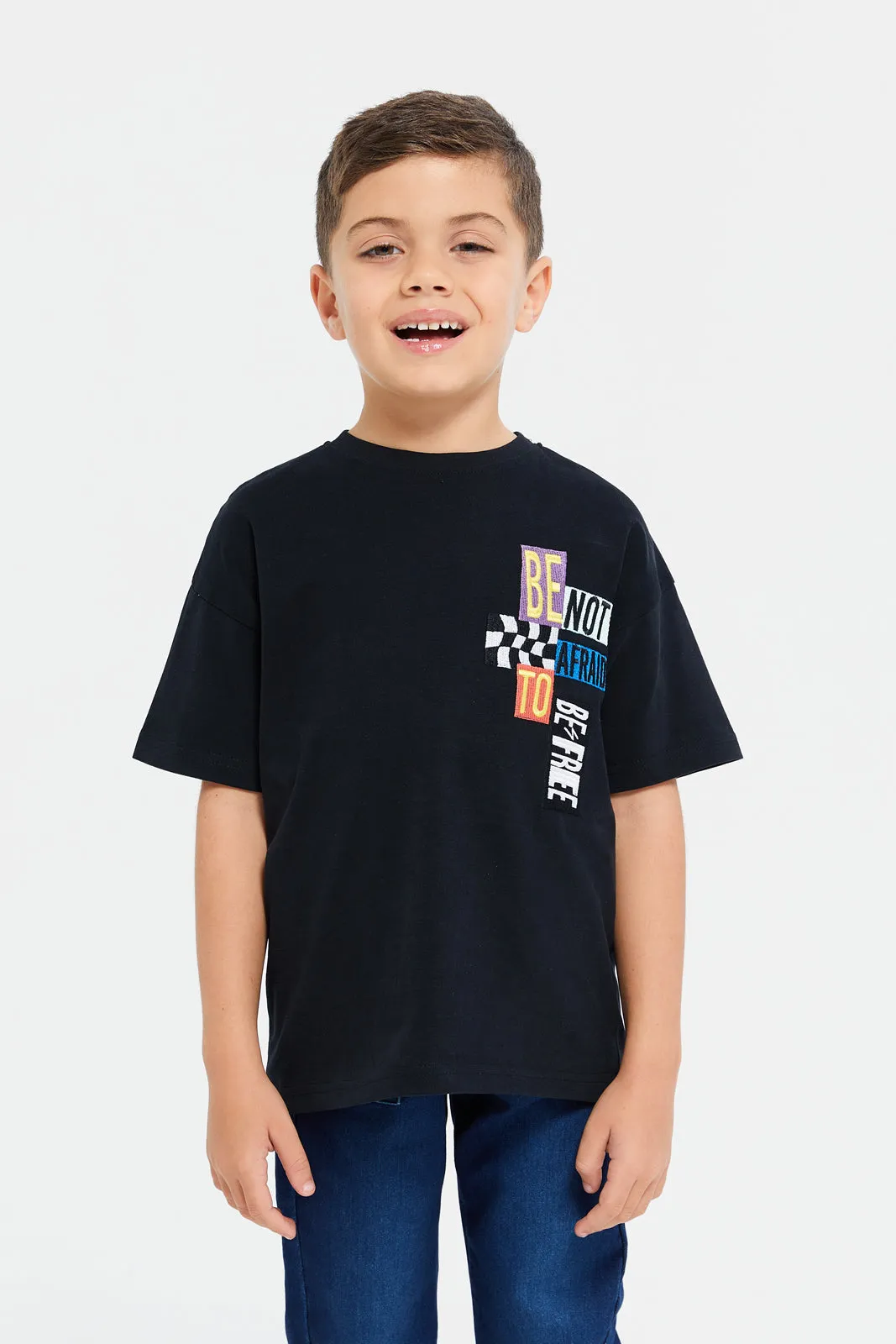 Boys Black Front And Back Print Oversize T-Shirt