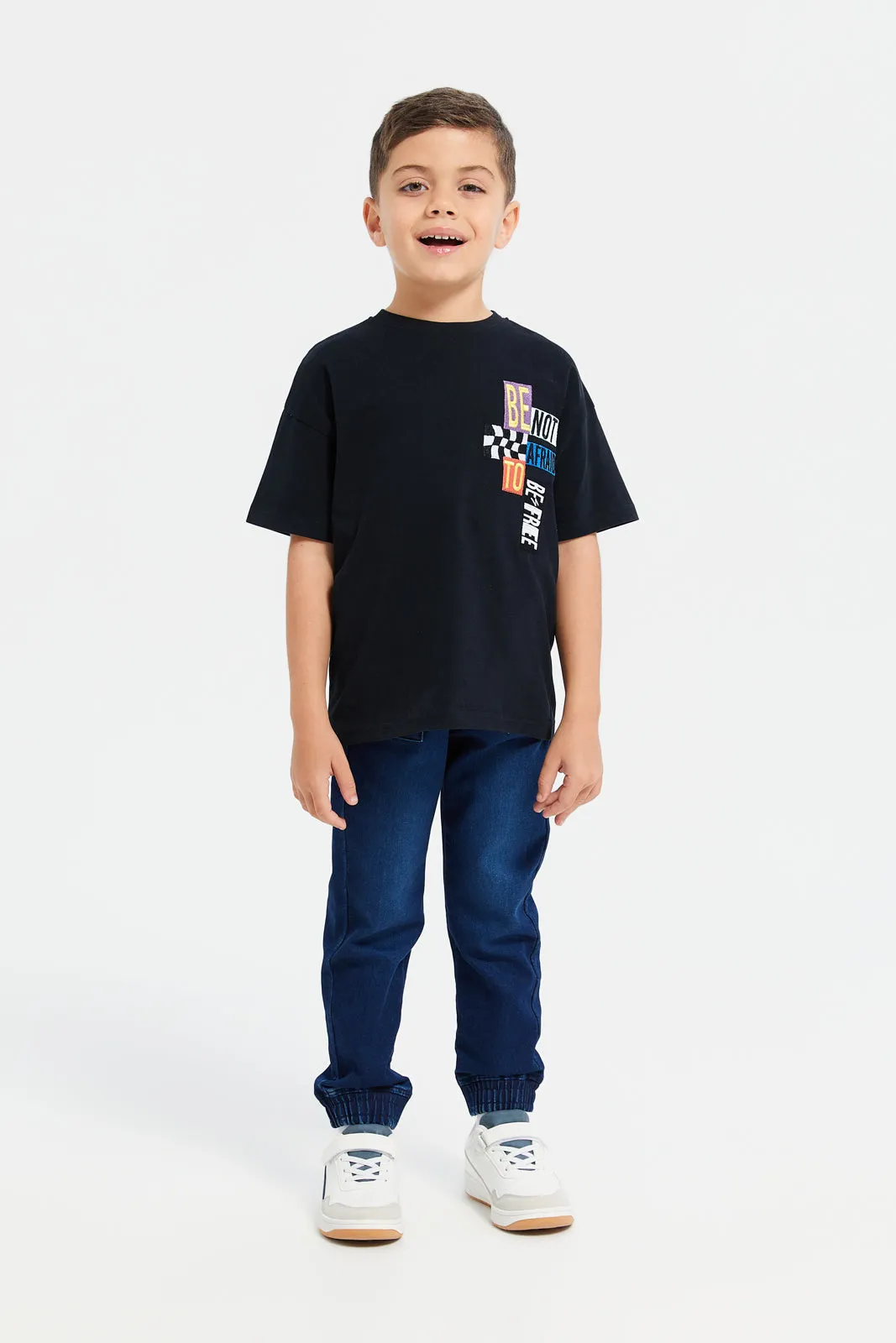 Boys Black Front And Back Print Oversize T-Shirt