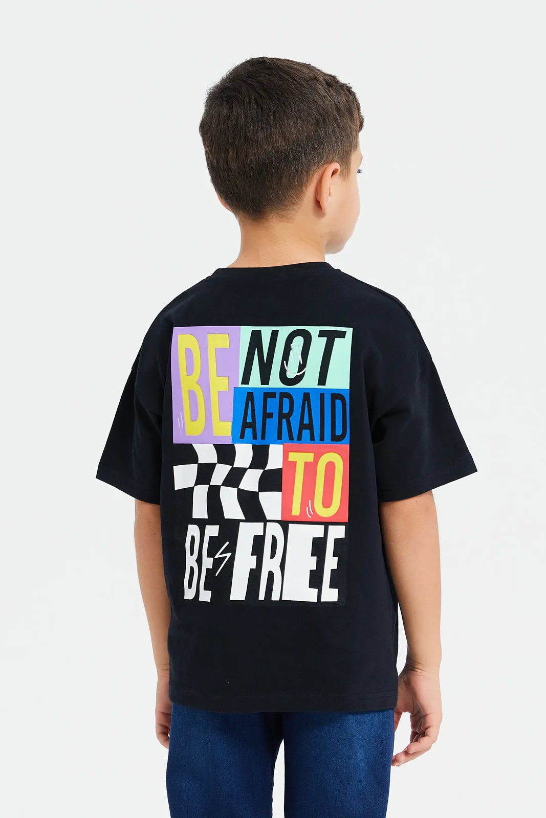Boys Black Front And Back Print Oversize T-Shirt