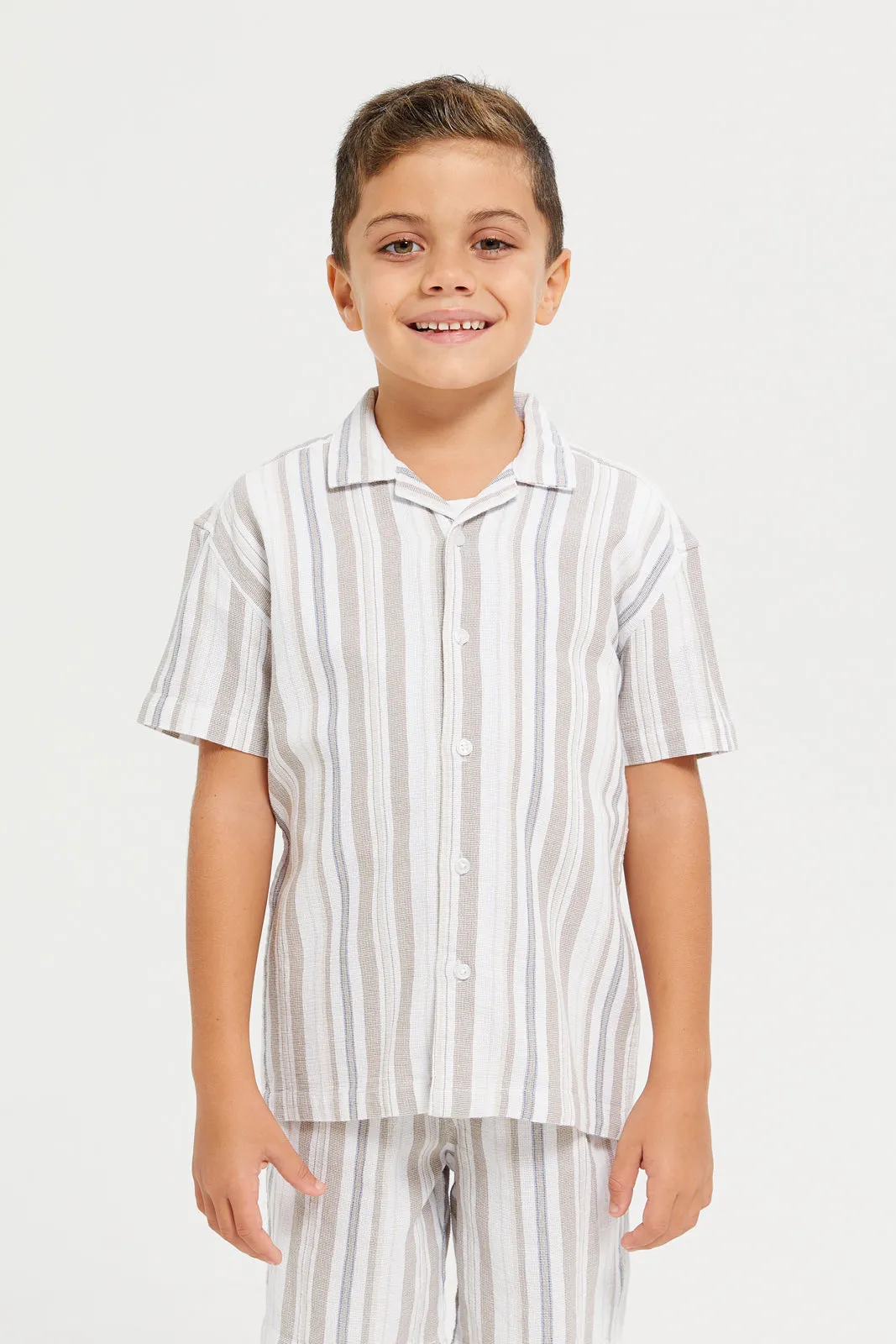 Boys Junior Beige 2Pcs Stripe Set Short Sleeve Shirt With Short