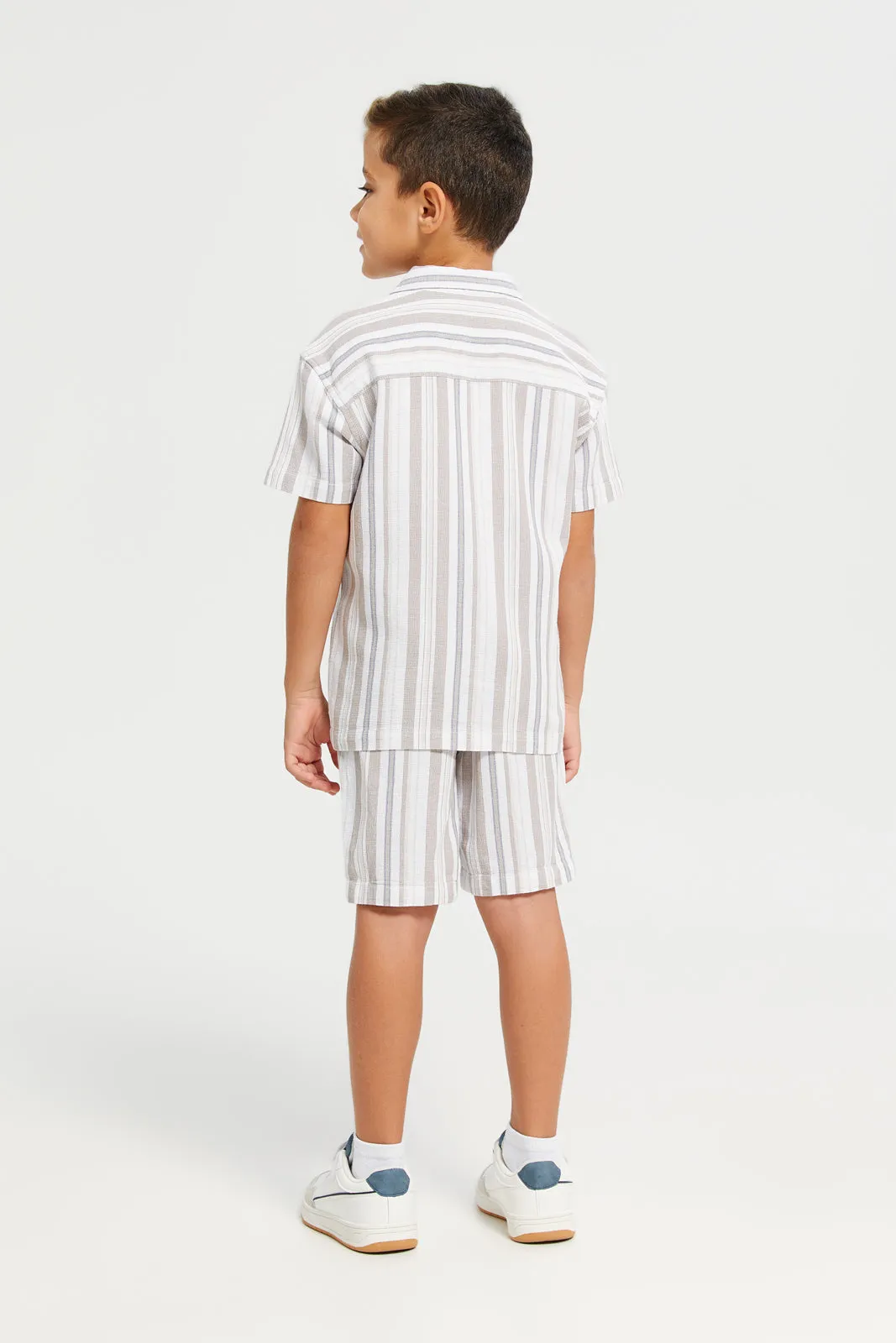 Boys Junior Beige 2Pcs Stripe Set Short Sleeve Shirt With Short
