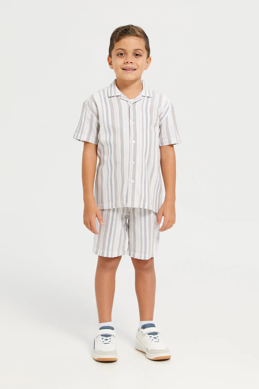 Boys Junior Beige 2Pcs Stripe Set Short Sleeve Shirt With Short