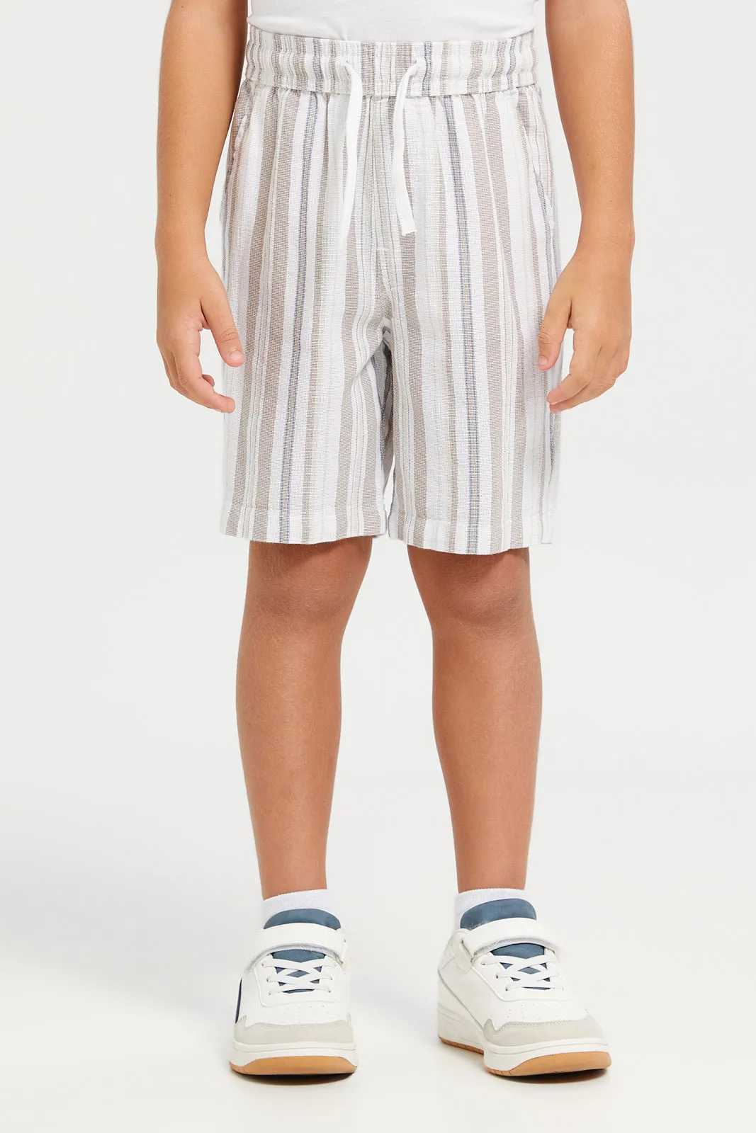 Boys Junior Beige 2Pcs Stripe Set Short Sleeve Shirt With Short