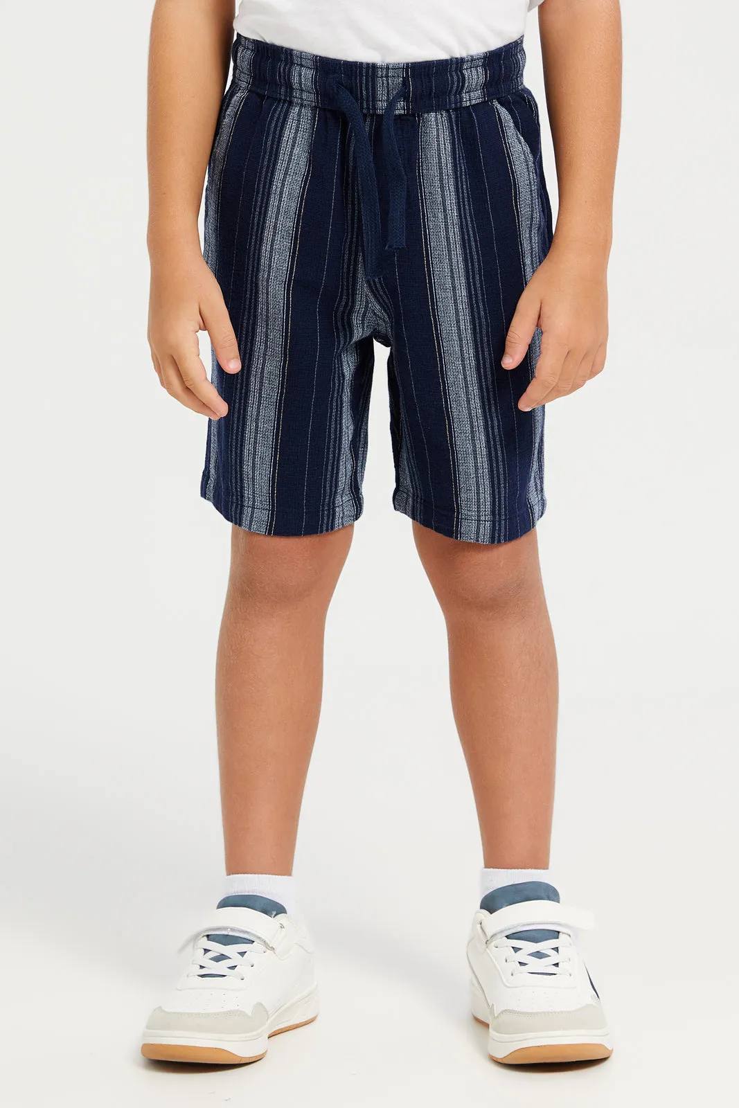 Boys Junior Navy 2Pcs Stripe Set Short Sleeve Shirt With Short