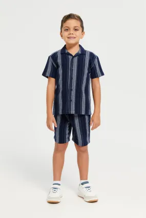 Boys Junior Navy 2Pcs Stripe Set Short Sleeve Shirt With Short