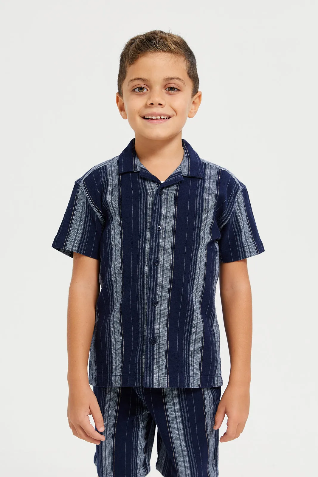 Boys Junior Navy 2Pcs Stripe Set Short Sleeve Shirt With Short