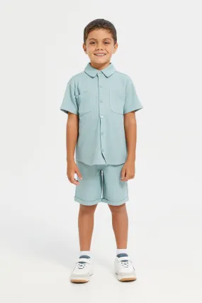 Boys Mint jacquard Shirt With Shorts Set (2 Piece)