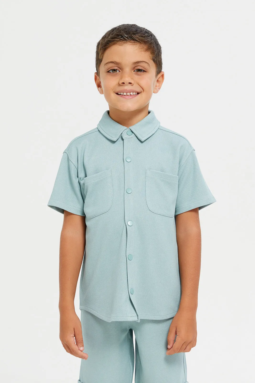 Boys Mint jacquard Shirt With Shorts Set (2 Piece)