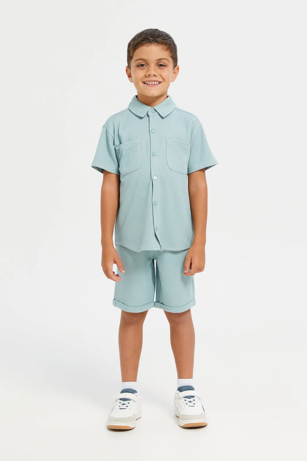 Boys Mint jacquard Shirt With Shorts Set (2 Piece)