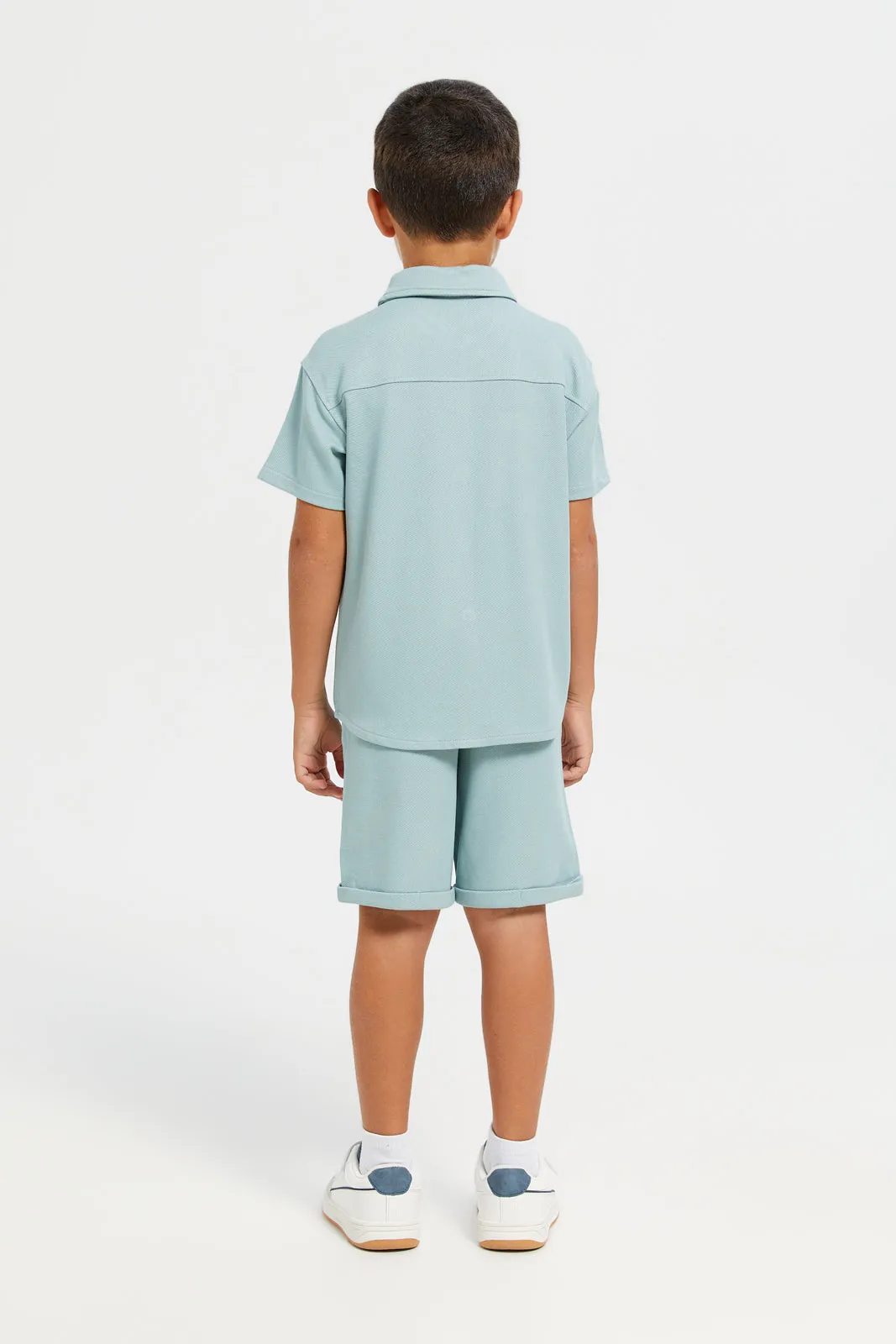 Boys Mint jacquard Shirt With Shorts Set (2 Piece)