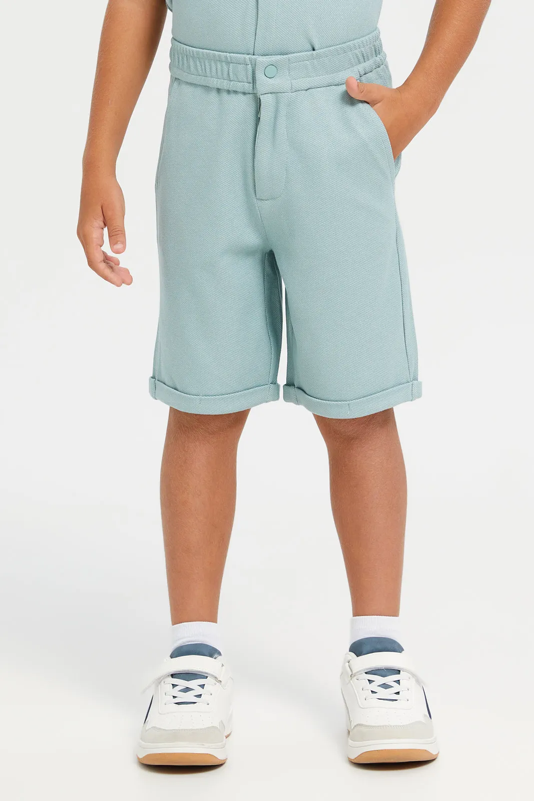 Boys Mint jacquard Shirt With Shorts Set (2 Piece)