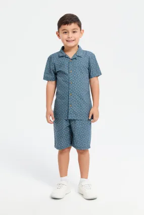 Boys Navy Printed Casual Shirt And Short Set (2 Piece)