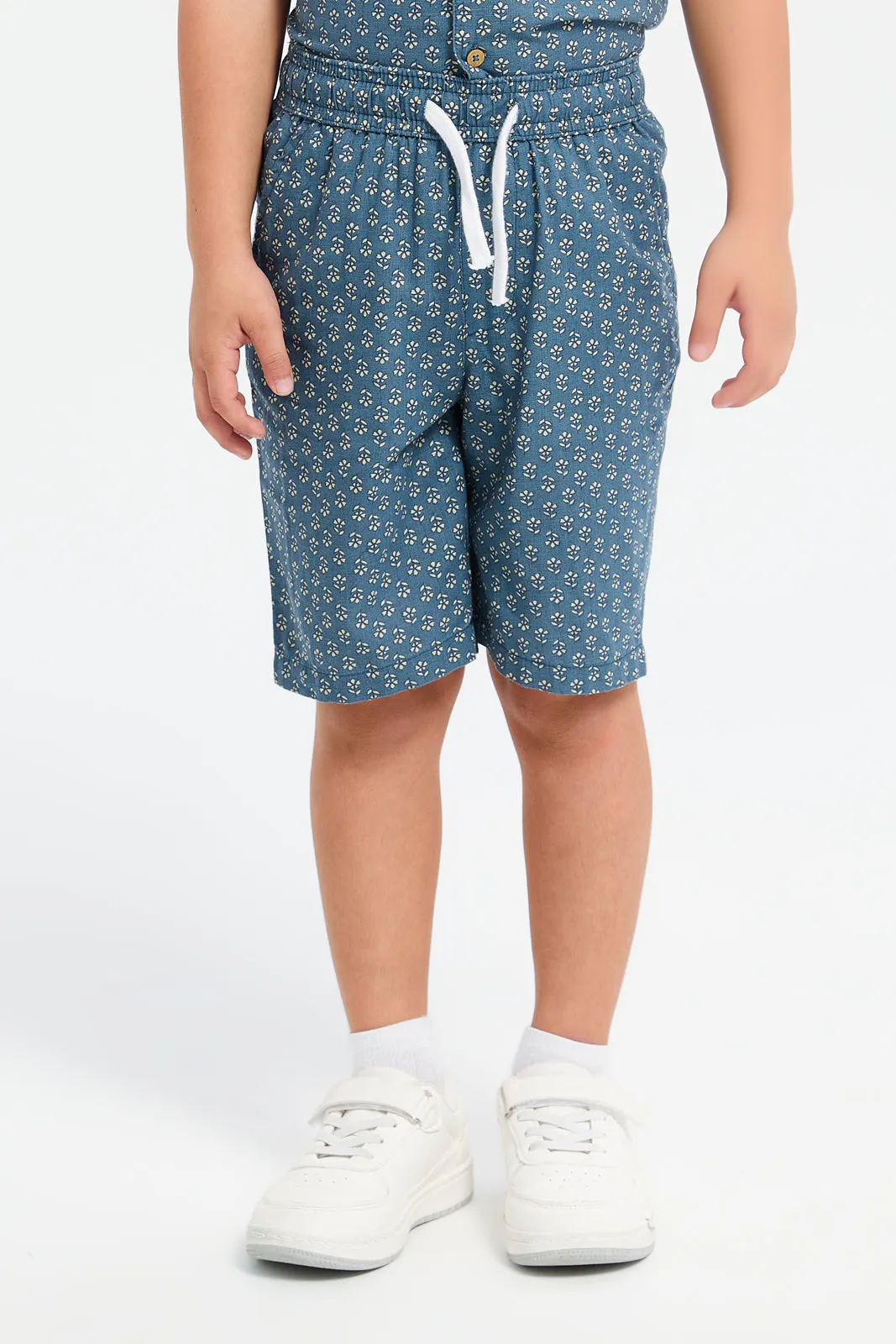 Boys Navy Printed Casual Shirt And Short Set (2 Piece)