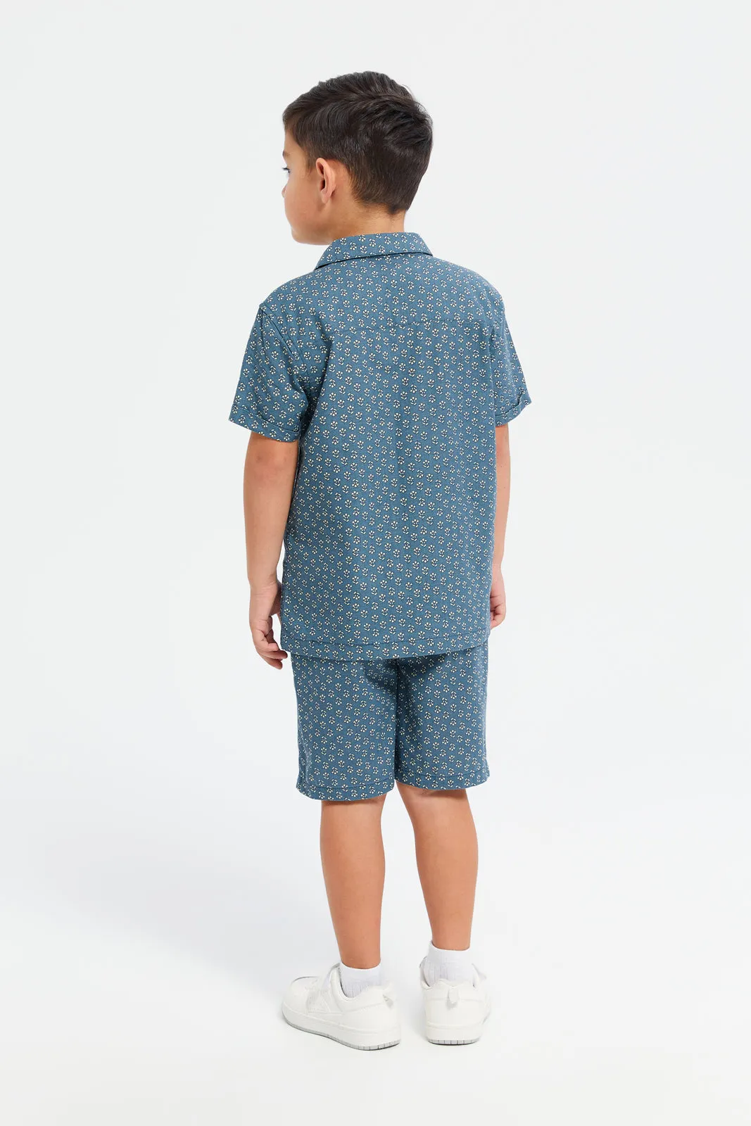 Boys Navy Printed Casual Shirt And Short Set (2 Piece)