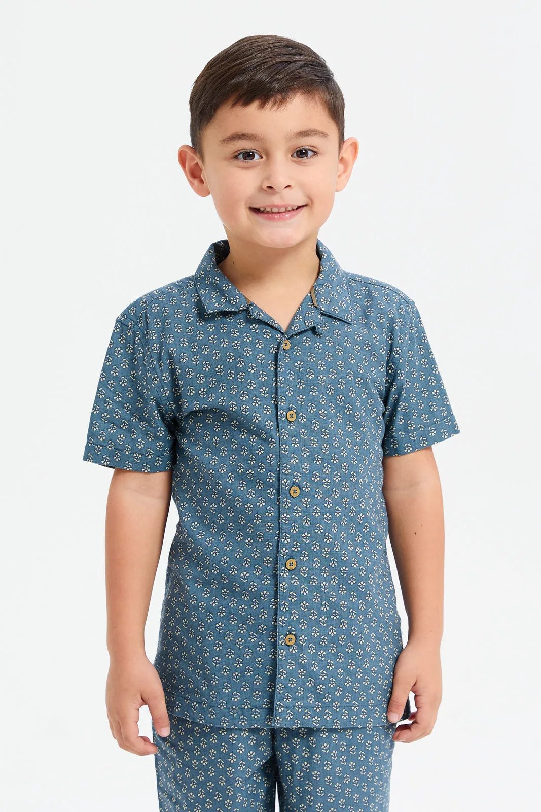 Boys Navy Printed Casual Shirt And Short Set (2 Piece)