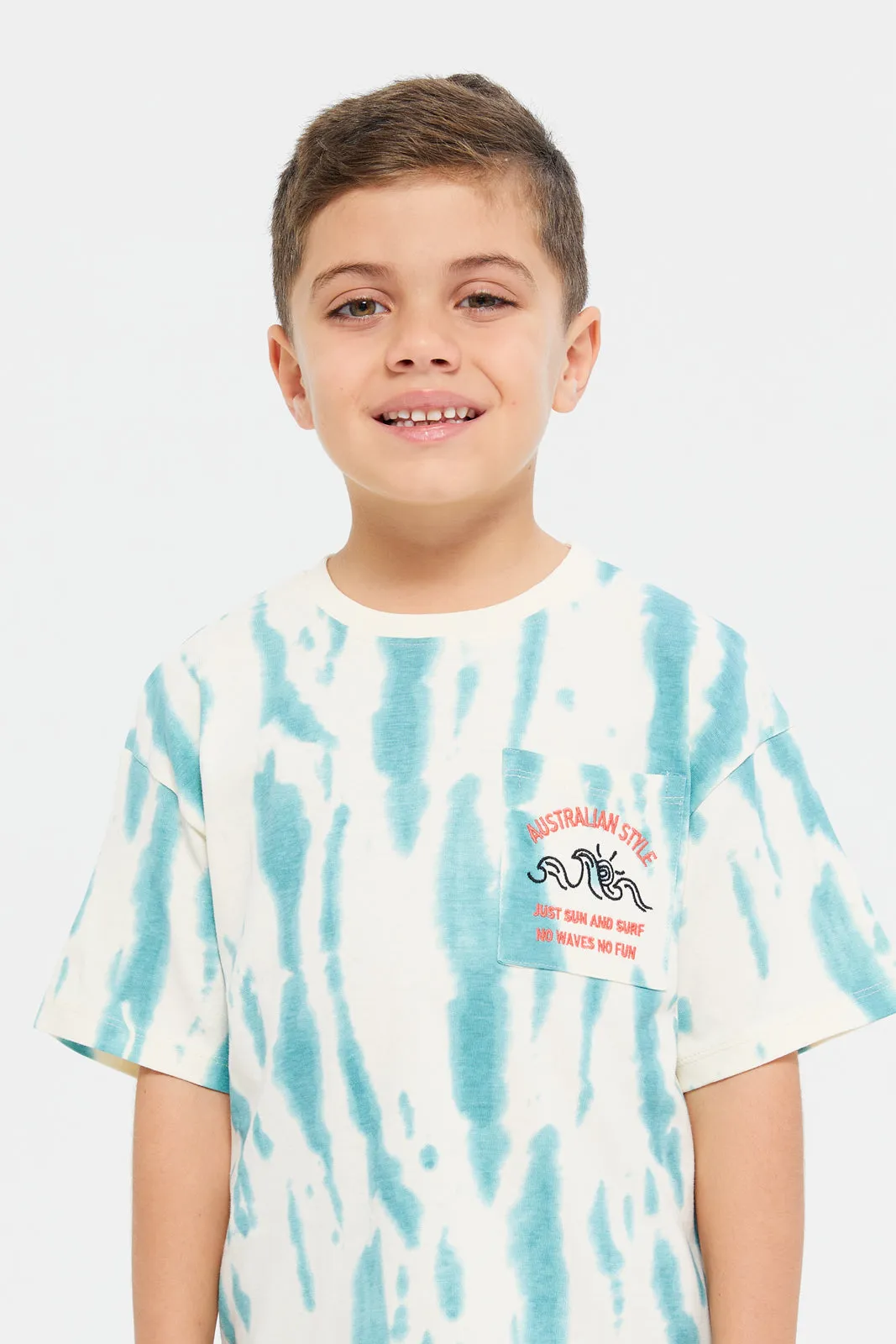 Boys White And Blue Overdye T-Shirt With Pocket