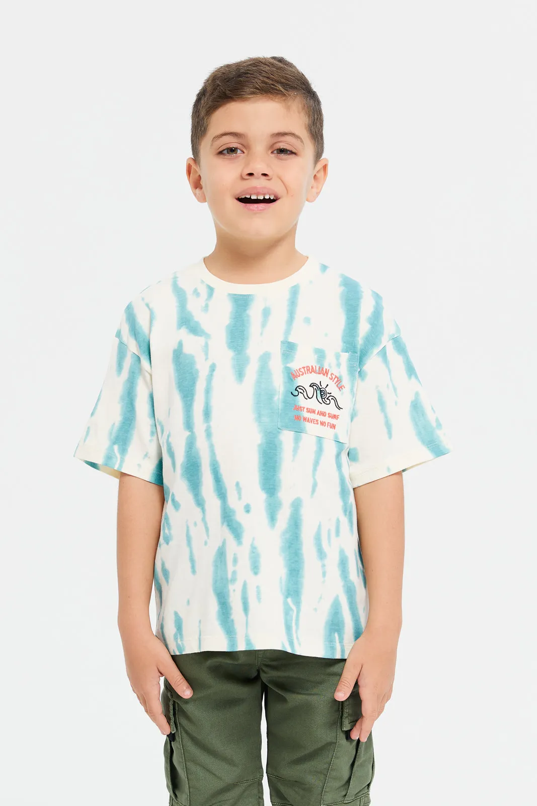 Boys White And Blue Overdye T-Shirt With Pocket