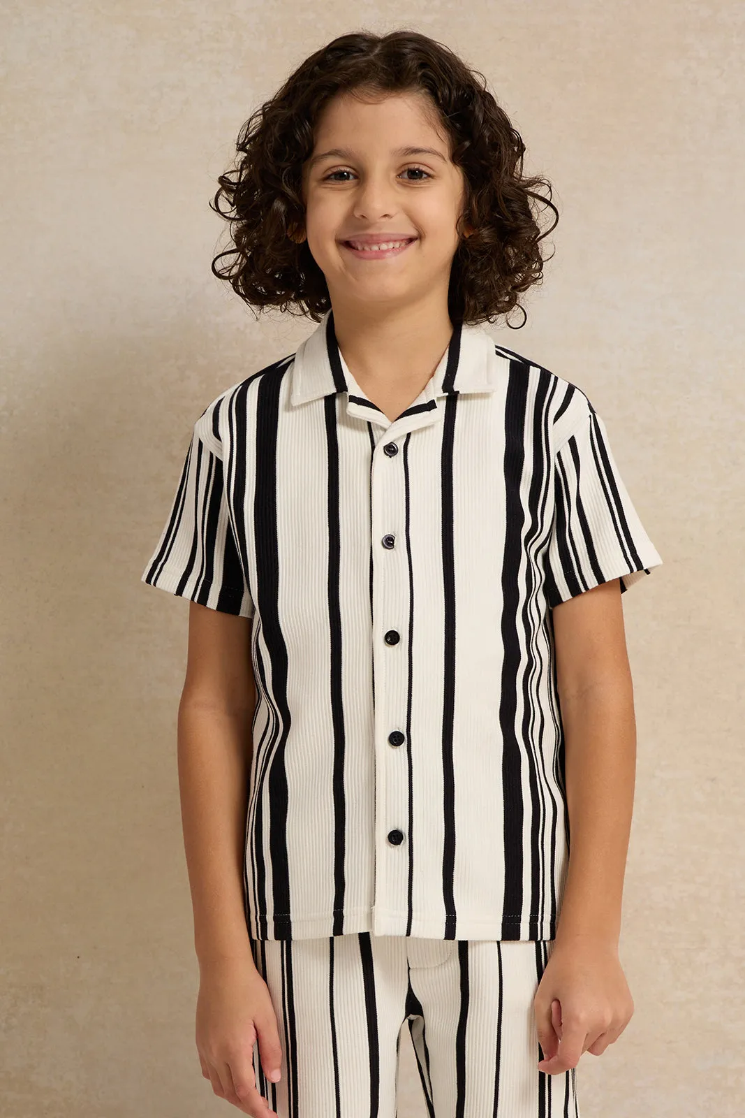 Boys White And Navy Stripped Shirt With Shorts Set (2 Piece)