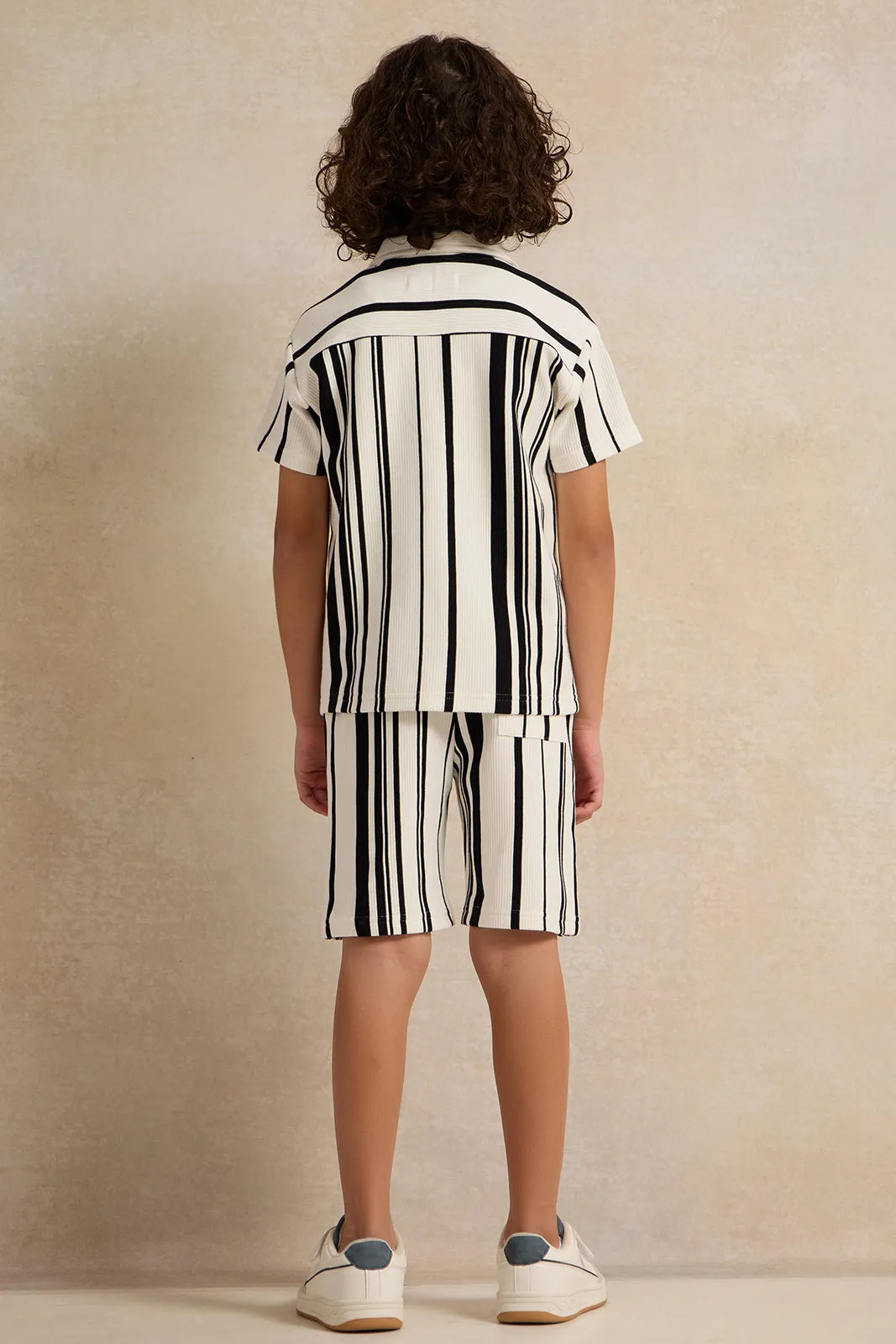 Boys White And Navy Stripped Shirt With Shorts Set (2 Piece)