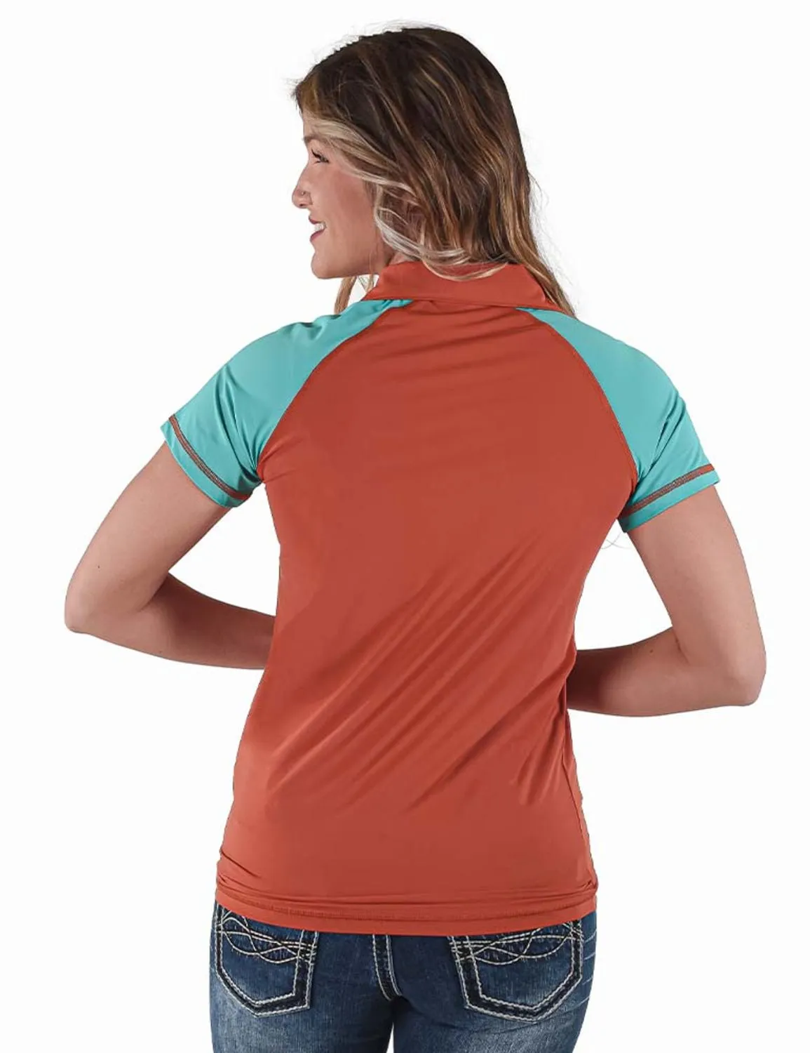 Cowgirl Tuff Womens Quarter Zip Cooling UPF Rust/Turquoise Nylon S/S T-Shirt