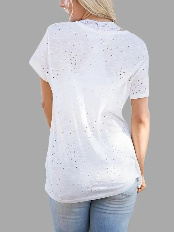 Custom Random Ripped Crossed Front Short Sleeve White T-Shirts