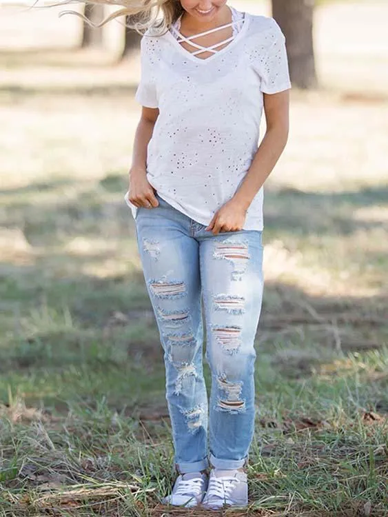 Custom Random Ripped Crossed Front Short Sleeve White T-Shirts