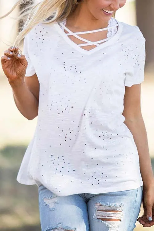 Custom Random Ripped Crossed Front Short Sleeve White T-Shirts