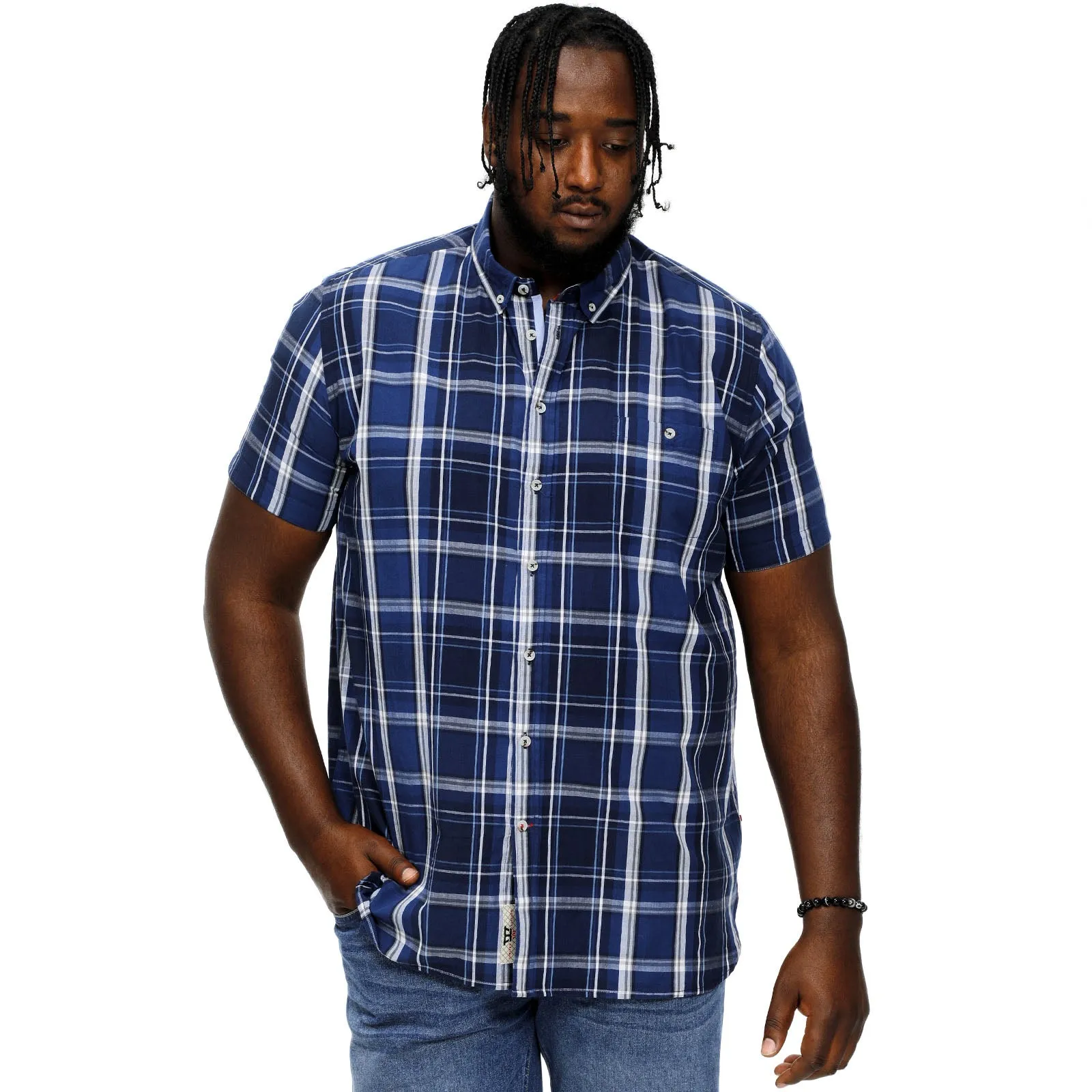 D555 Mens Hadstock Big & Tall Short Sleeve Check Shirt - Blue/Navy Check