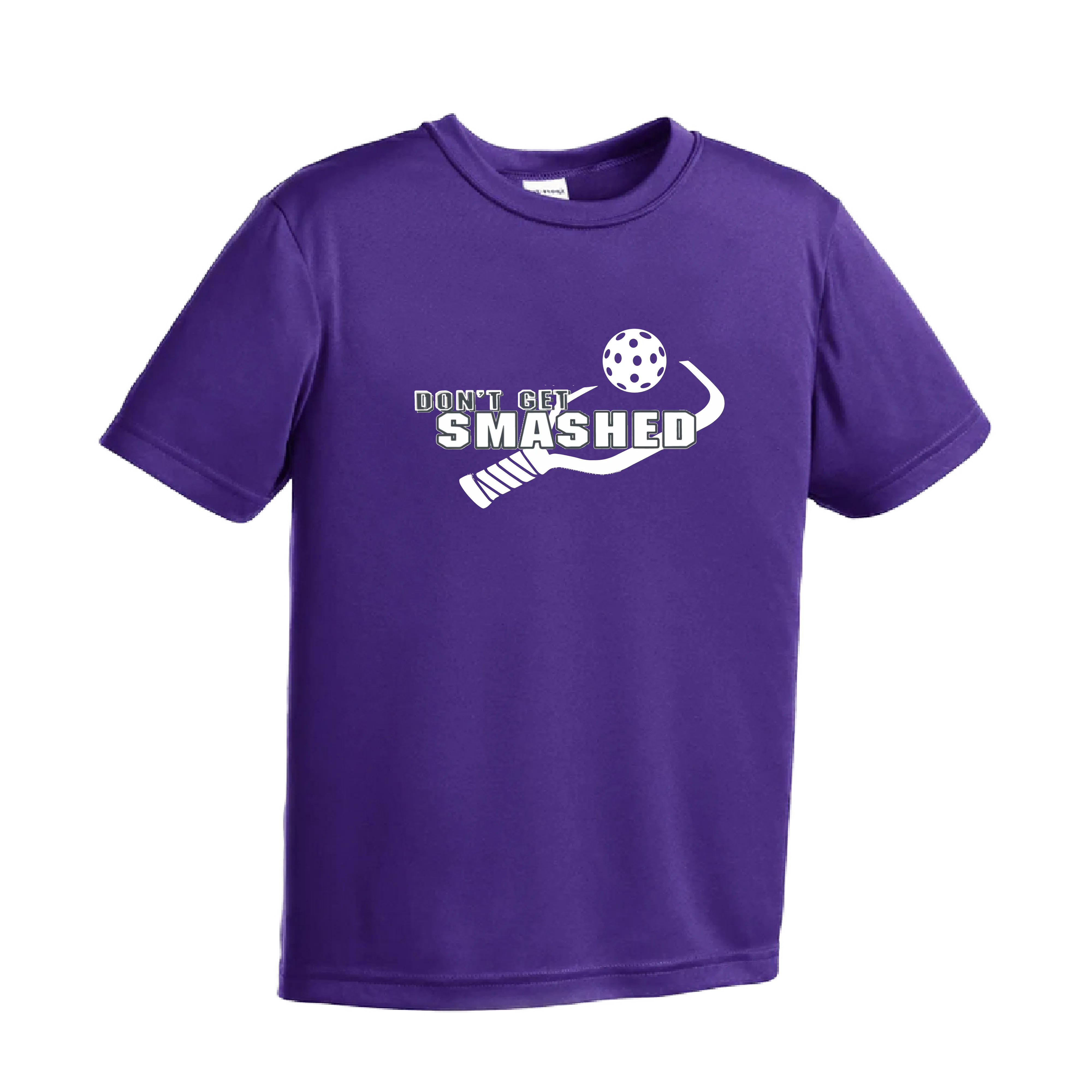 Don't Get Smashed (Purple White Yellow Pickleball Colors) | Youth Short Sleeve Pickleball Shirts | 100% Polyester
