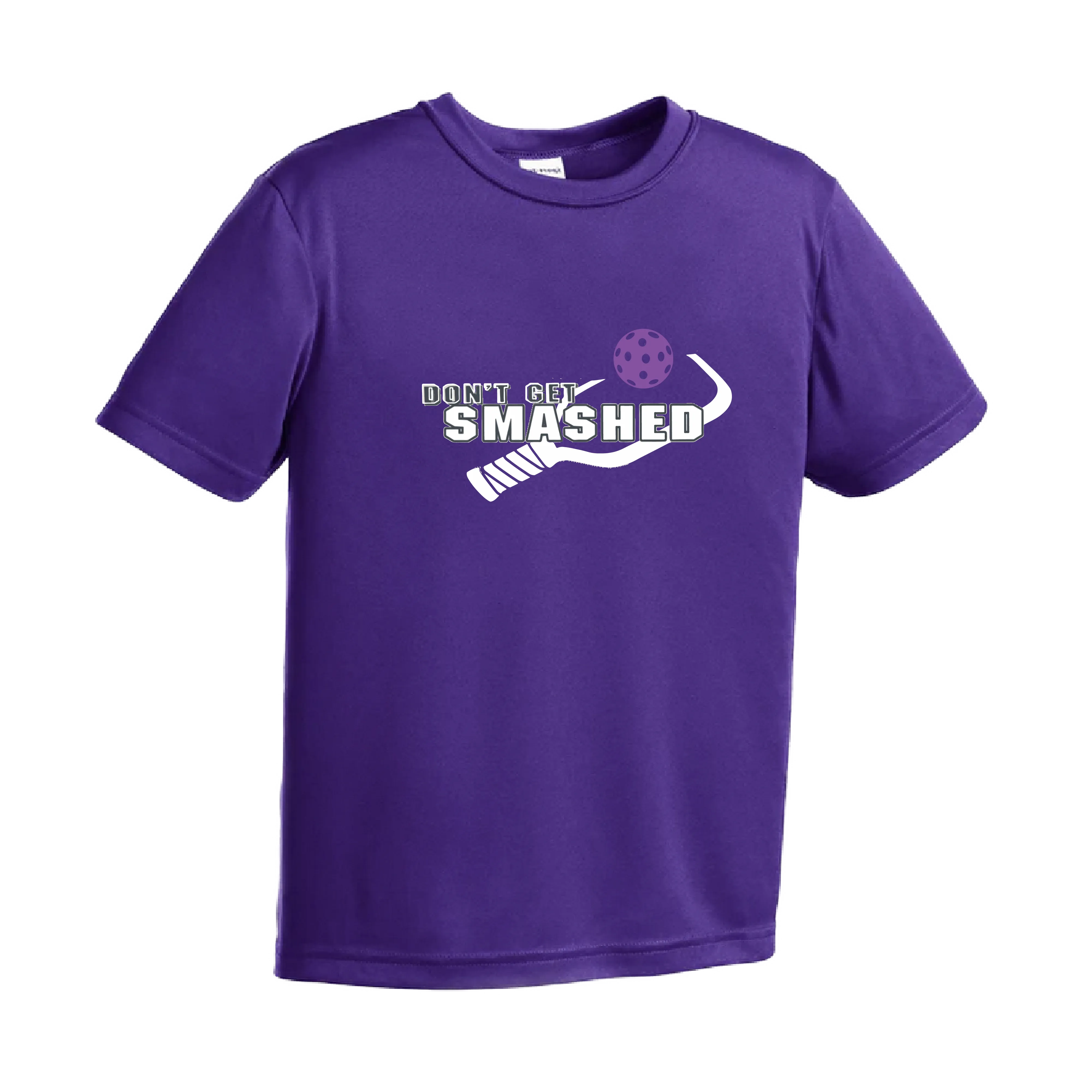 Don't Get Smashed (Purple White Yellow Pickleball Colors) | Youth Short Sleeve Pickleball Shirts | 100% Polyester