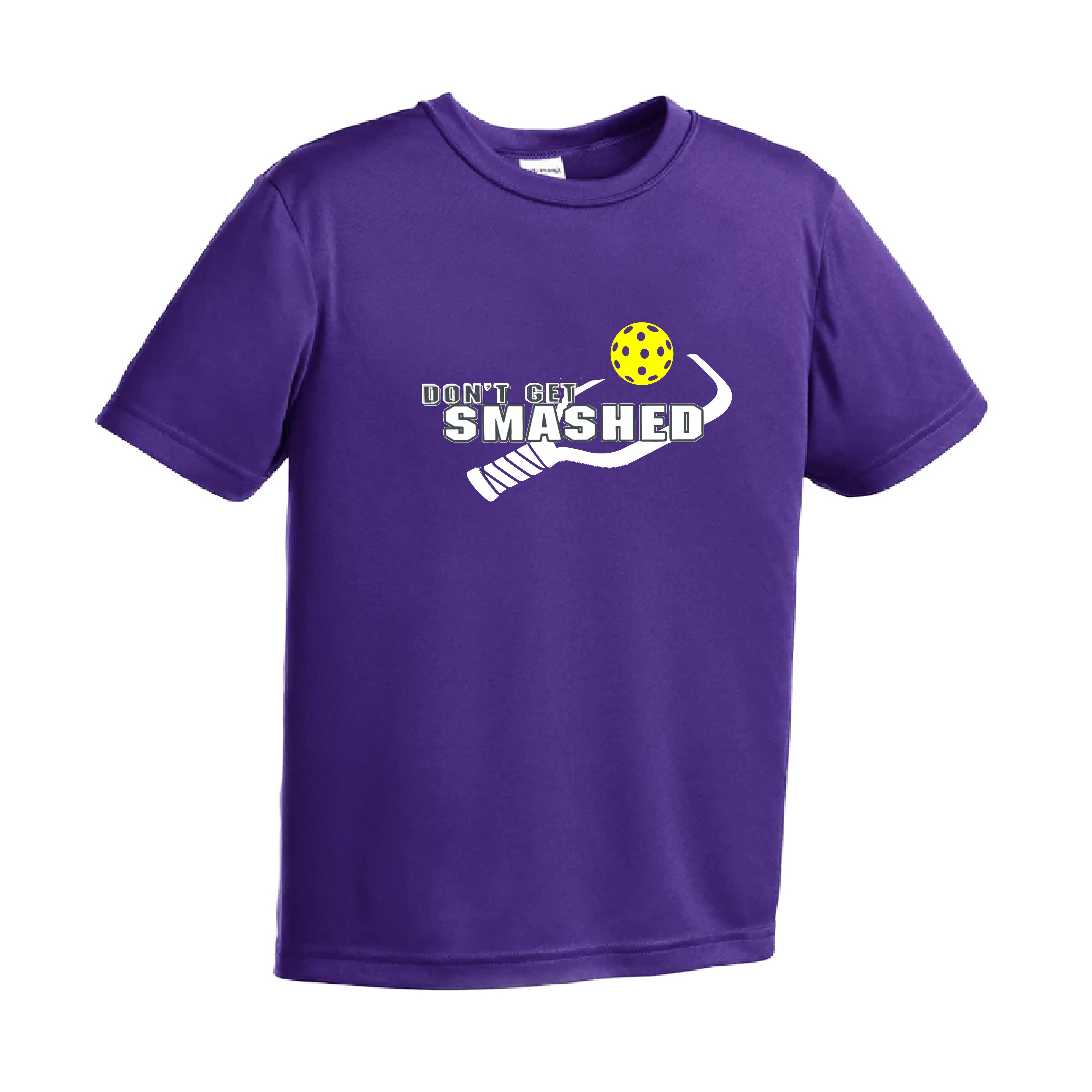 Don't Get Smashed (Purple White Yellow Pickleball Colors) | Youth Short Sleeve Pickleball Shirts | 100% Polyester