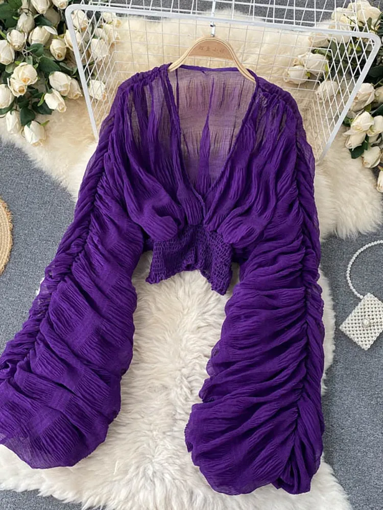 Draped Chiffon V-Neck Puff Long Sleeve Tops
